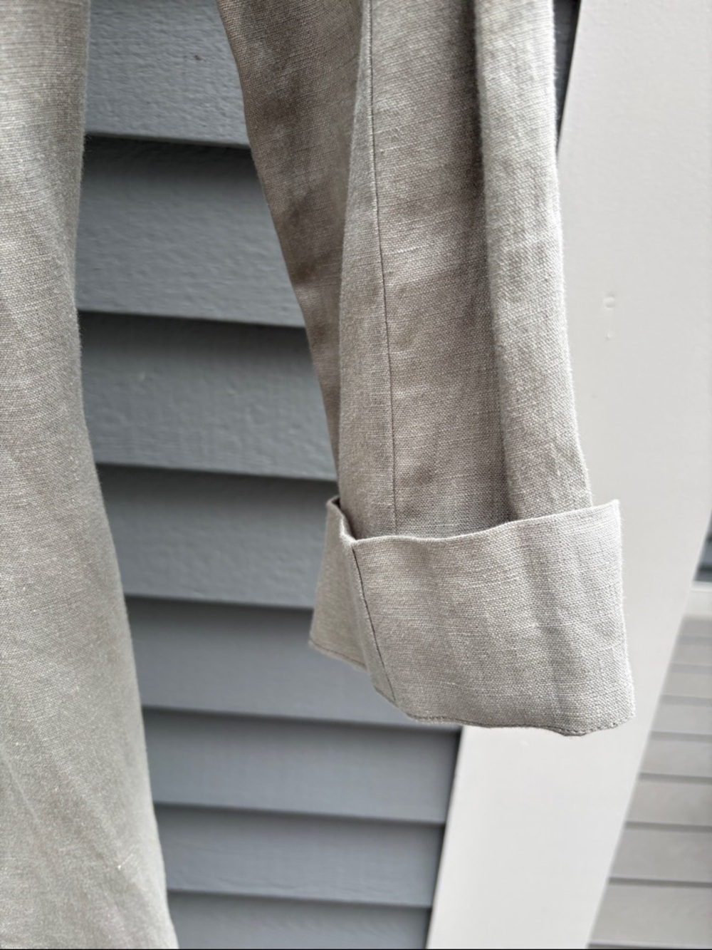 Light Gray Long Linen Women's Coat with Ruffle Collar - Picture 6 of 9